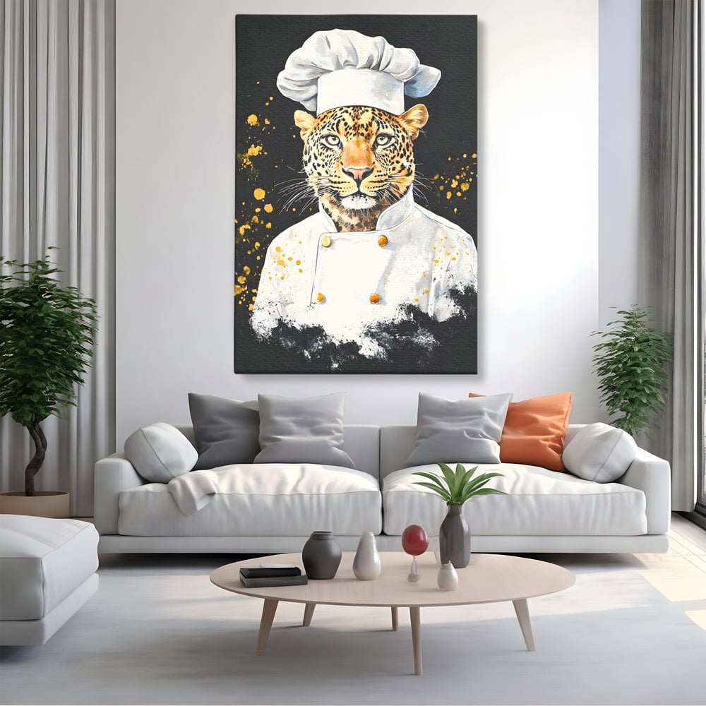 Tablou canvas cu tablou canvas cu leopard bucatar, fara rama, pe sasiu de lemn, pe perete intr-un living